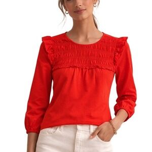 J.Crew Red Smocked Ruffle Shoulder Cotton Blouse Top Large